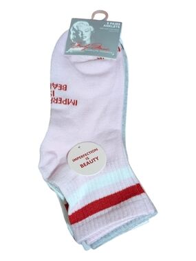 Marilyn Monroe "Imperfection Is Beauty" Pink Ankle Socks with Red Stripe Accent